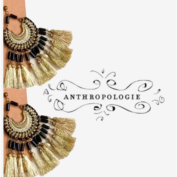 Anthropologie Daria Gold Fringe & Black‎ Bohemian Boho Resin Drop Earrings NWT - Picture 1 of 6